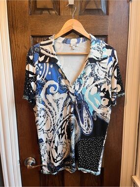 Vintage Cache Blue Paisley Knit V-Neck Top